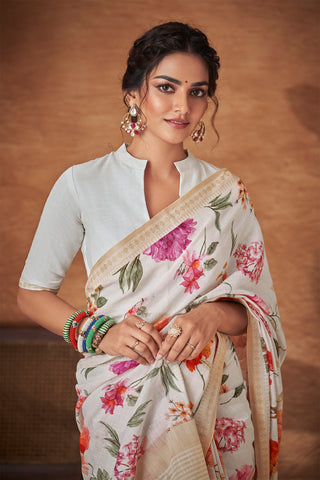 Alikam Khadi Cotton saree in Off-White and handprint with floral jaal pattern