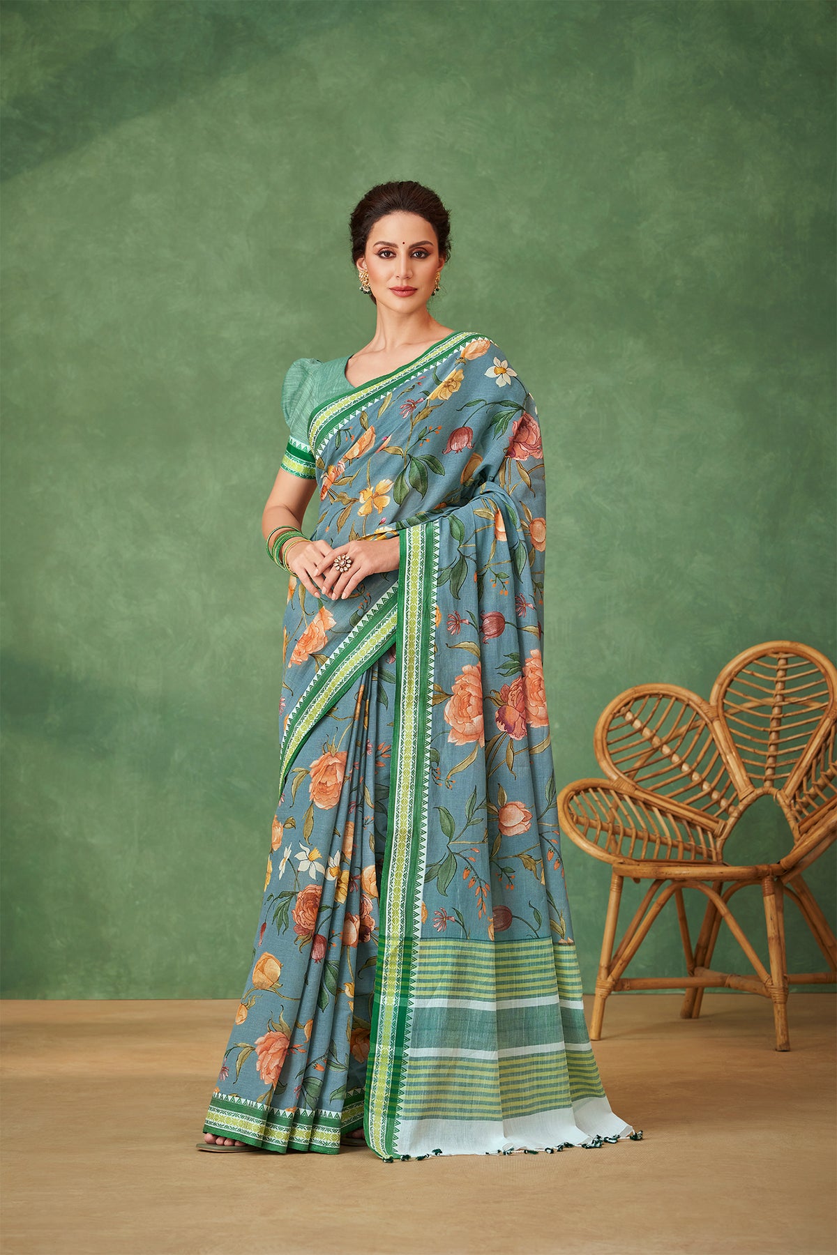 Alikam Khadi Cotton saree in handprint with floral flower design