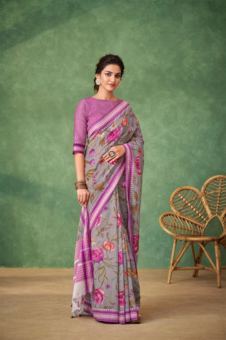 Alikam Khadi Cotton saree in handprint with floral flower design