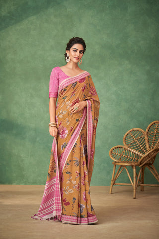 Alikam Khadi-Cotton saree and handprint with flower floral pattern