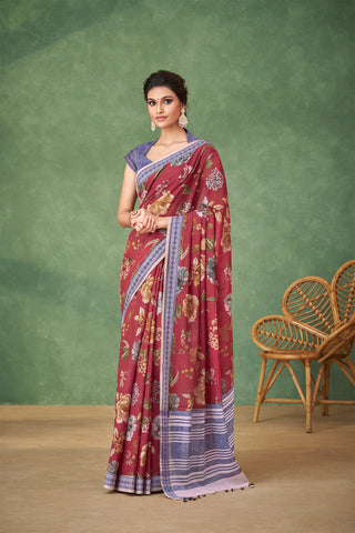 Alikam Khadi-Cotton saree and handprint with flower floral pattern