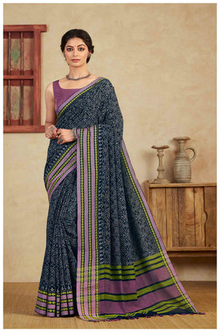 Chittinadu Cotton Bandhini Print Saree With Thread Weaving Border.