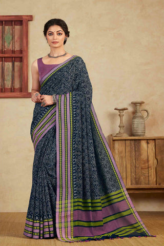 Chittinadu Cotton Bandhini Print Saree With Thread Weaving Border.