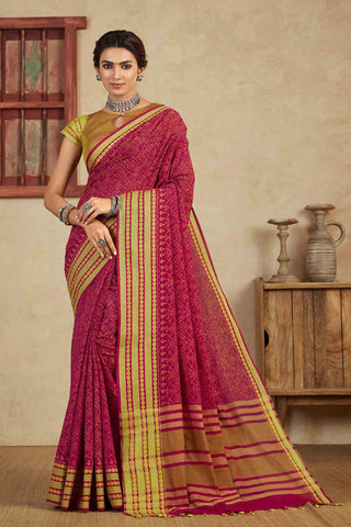 Chittinadu Cotton Bandhini Print Saree With Thread Weaving Border.