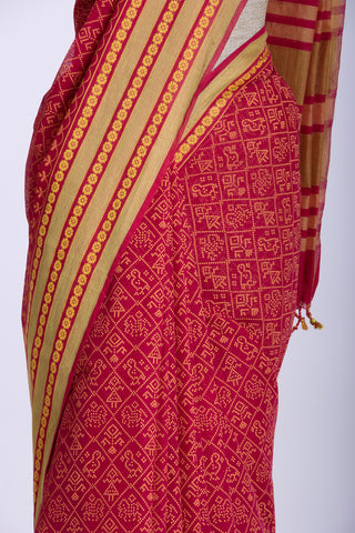 Chittinadu Cotton Bandhini Print Saree With Thread Weaving Border.