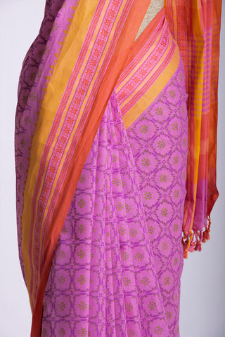 Chettinadu cotton saree in Yellow with floral print in the body