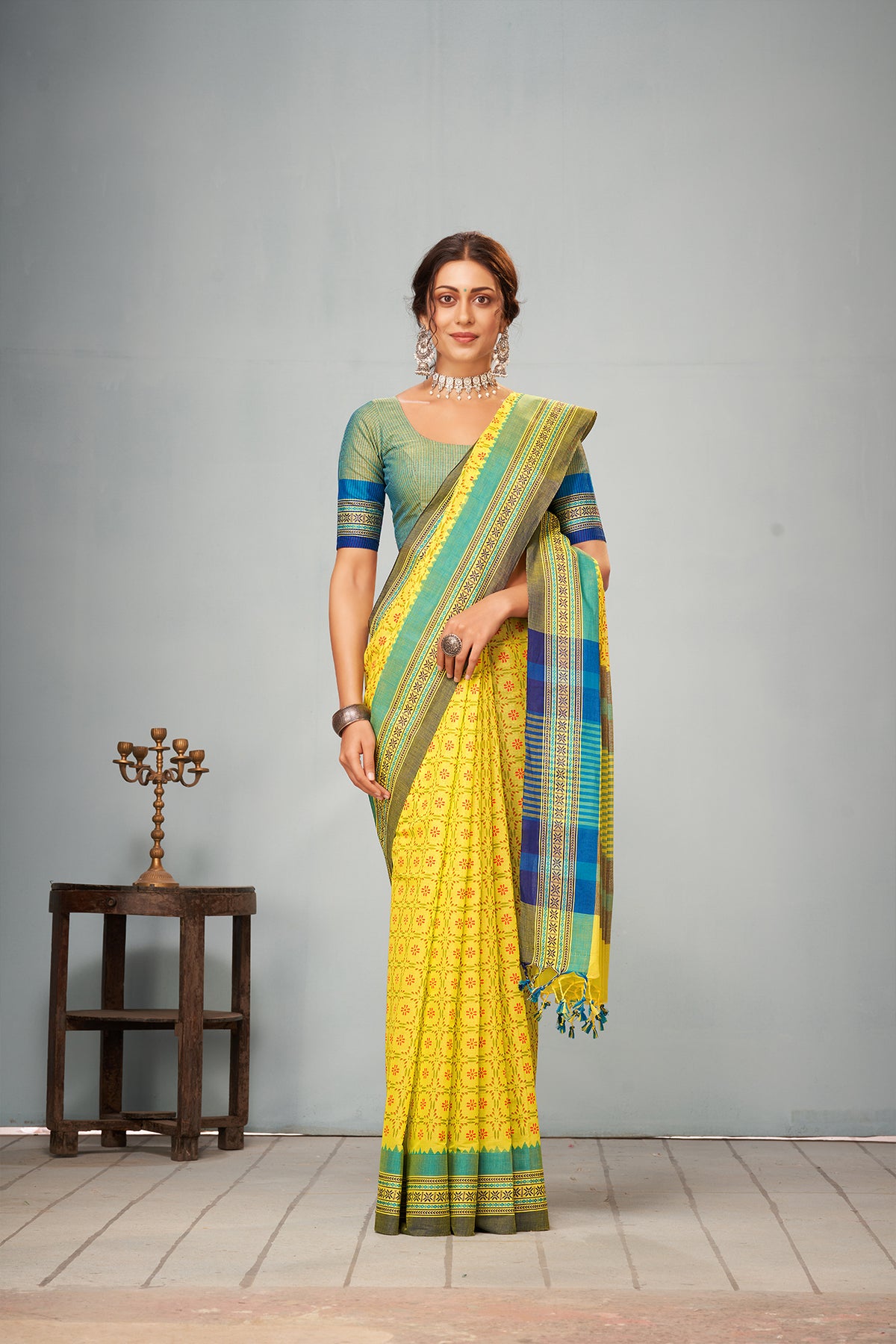 Chettinadu cotton saree in Yellow with floral print in the body