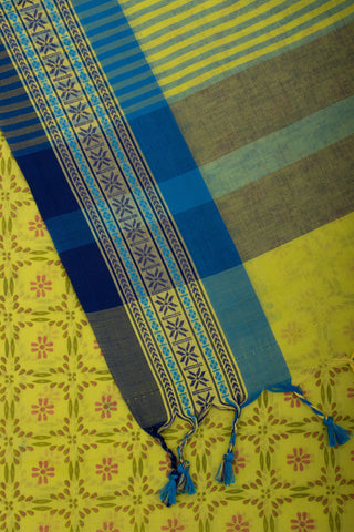 Chettinadu cotton saree in Yellow with floral print in the body