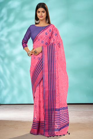 Chettinadu cotton saree in Brick Pink with Floral  handprint