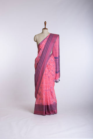 Chettinadu cotton saree in Brick Pink with Floral  handprint