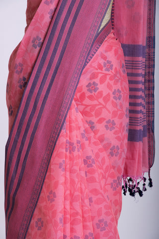 Chettinadu cotton saree in Brick Pink with Floral  handprint