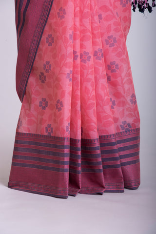 Chettinadu cotton saree in Brick Pink with Floral  handprint