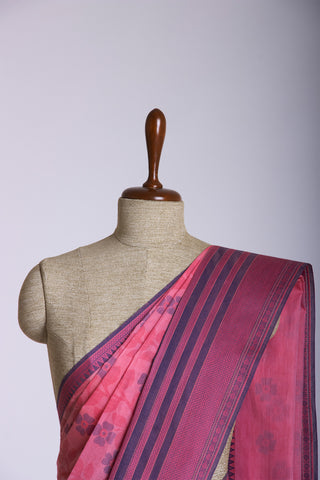 Chettinadu cotton saree in Brick Pink with Floral  handprint