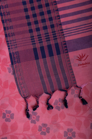 Chettinadu cotton saree in Brick Pink with Floral  handprint