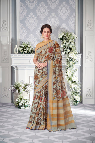 Chettinadu cotton saree in Ivory with Kalamkari print in the body