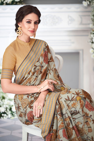 Chettinadu cotton saree in Ivory with Kalamkari print in the body