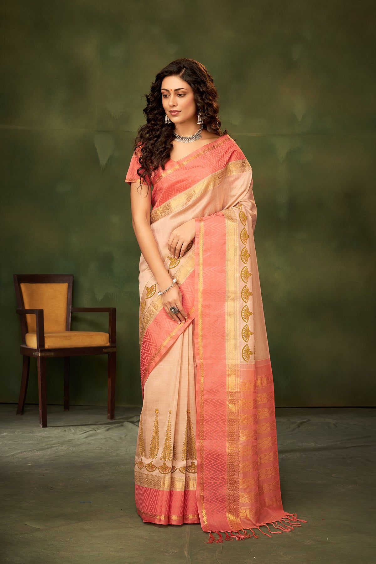 Sandy checks with Orange cotton silk saree with block print