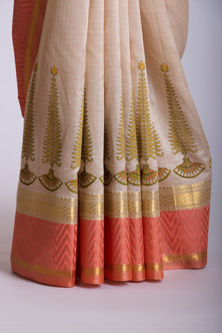 Sandy checks with Orange cotton silk saree with block print