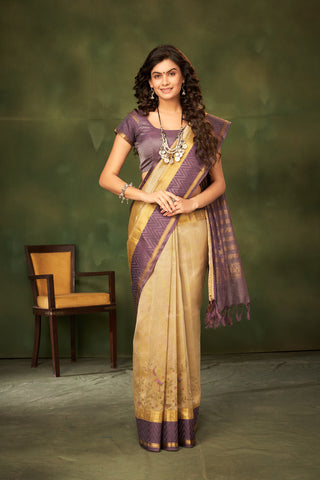 Sandy checks with Orange cotton silk saree with block print