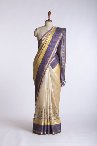 Sandy checks with Orange cotton silk saree with block print