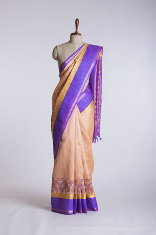 Sandy checks with Orange cotton silk saree with block print