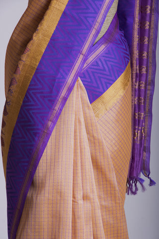 Sandy checks with Orange cotton silk saree with block print