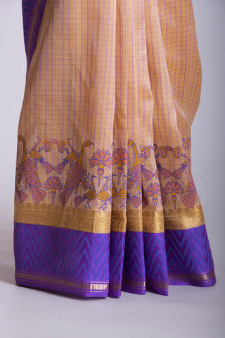 Sandy checks with Orange cotton silk saree with block print