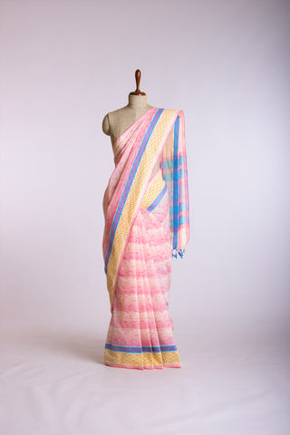 Kanchi cotton print saree in fish print with stripes