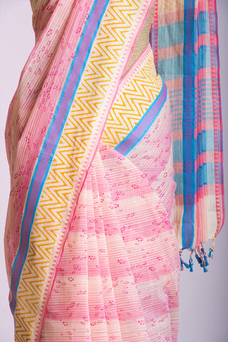 Kanchi cotton print saree in fish print with stripes