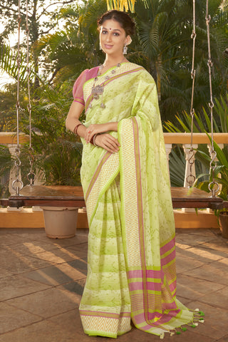 Kanchi cotton print saree in fish print with stripes