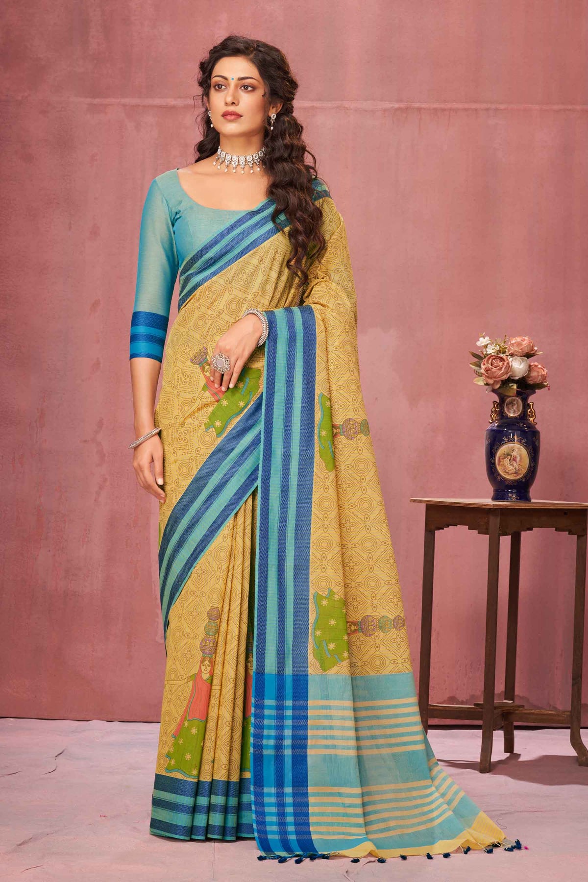 Kanchi Cotton Saree In Girl With Pot Print With Texture