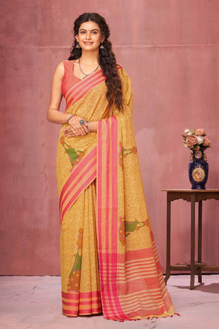 Kanchi Cotton Saree In Girl With Pot Print With Texture