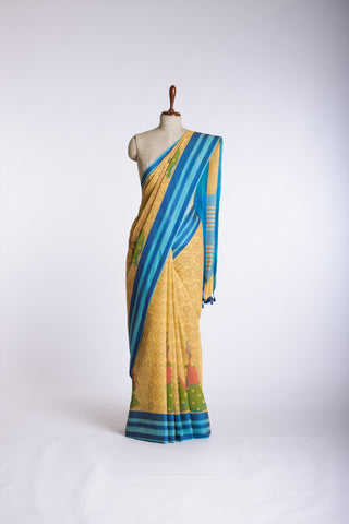 Kanchi Cotton Saree In Girl With Pot Print With Texture