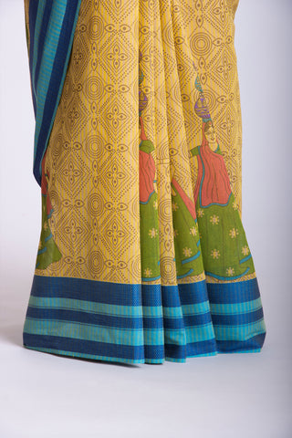 Kanchi Cotton Saree In Girl With Pot Print With Texture