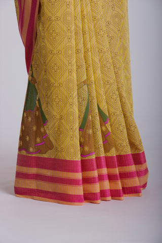 Kanchi Cotton Saree In Girl With Pot Print With Texture