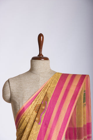 Kanchi Cotton Saree In Girl With Pot Print With Texture