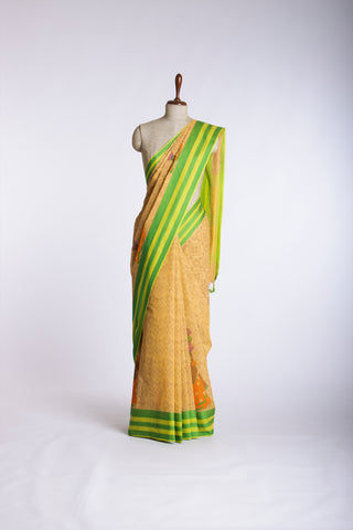 Kanchi Cotton Saree In Girl With Pot Print With Texture