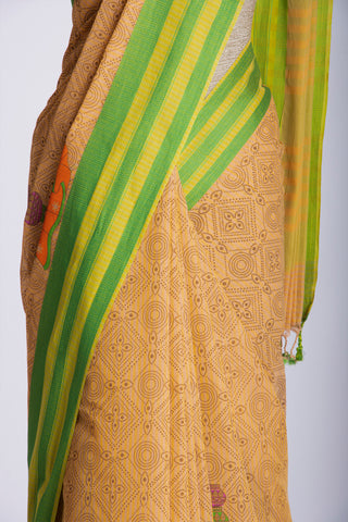 Kanchi Cotton Saree In Girl With Pot Print With Texture