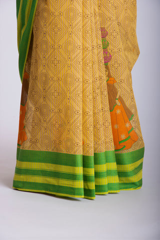 Kanchi Cotton Saree In Girl With Pot Print With Texture