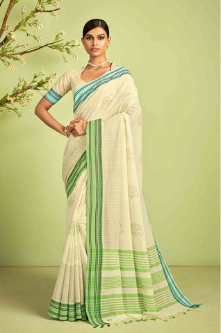 Kanchi Cotton Saree In Peacock Print With Texture.