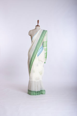 Kanchi Cotton Saree In Peacock Print With Texture.