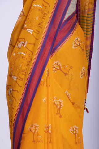 Kanchi Cotton Saree With Trees and Animals Print