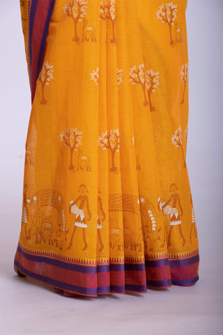 Kanchi Cotton Saree With Trees and Animals Print