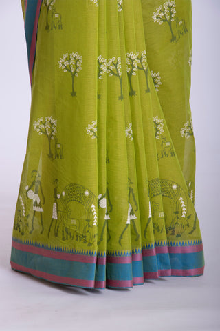 Kanchi Cotton Saree With Trees and Animals Print