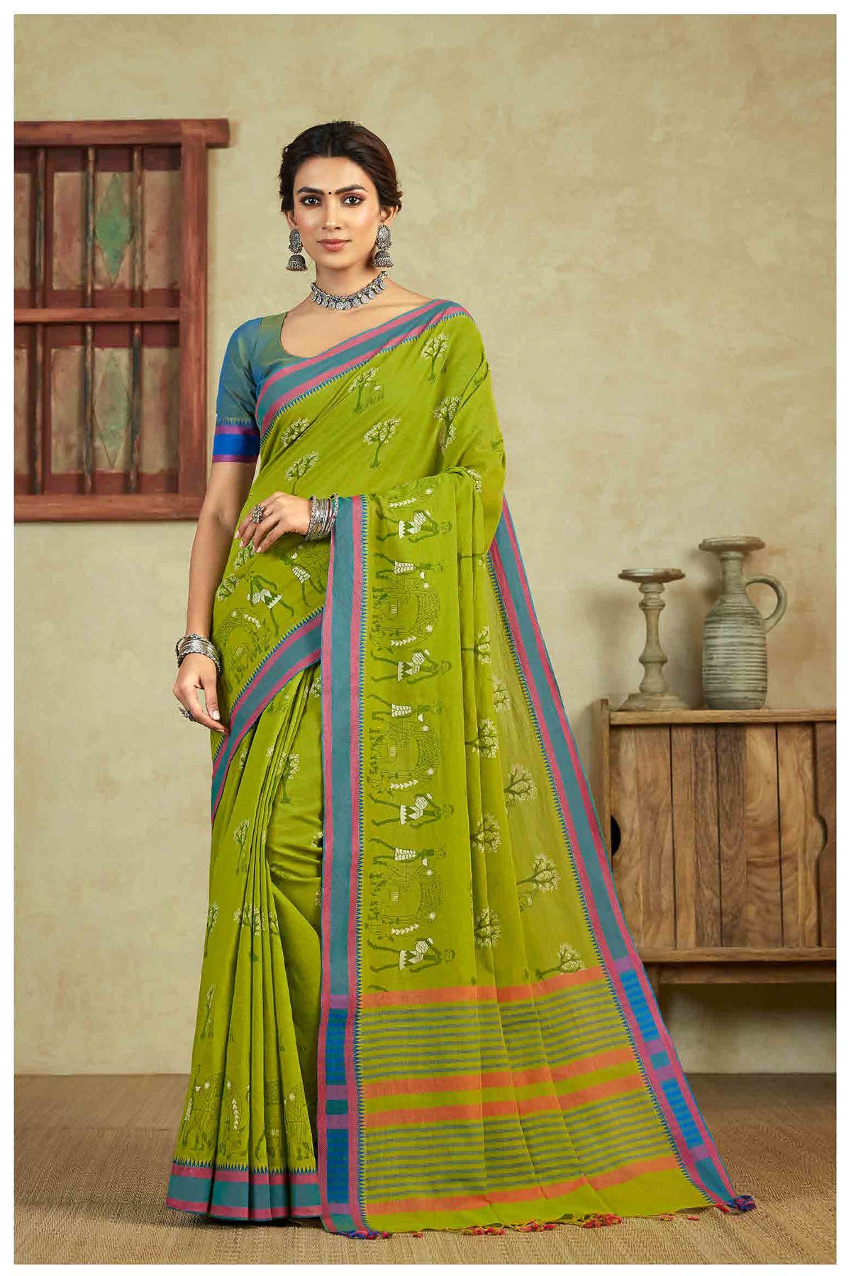 Kanchi Cotton Saree With Trees and Animals Print-2