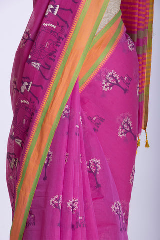 Kanchi Cotton Saree With Trees and Animals Print