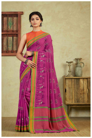 Kanchi Cotton Saree With Trees and Animals Print