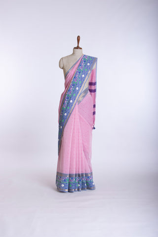 Kanchi cotton saree in small flower print with small checks weaving