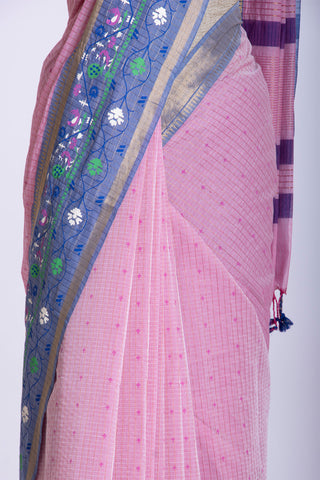 Kanchi cotton saree in small flower print with small checks weaving