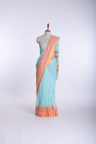 Kanchi cotton saree in small flower print with small checks weaving